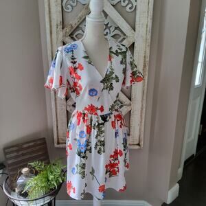 Runway Paris Floral Faux Wrap Surplice Mini A Line Dress M L Boho Cottage
